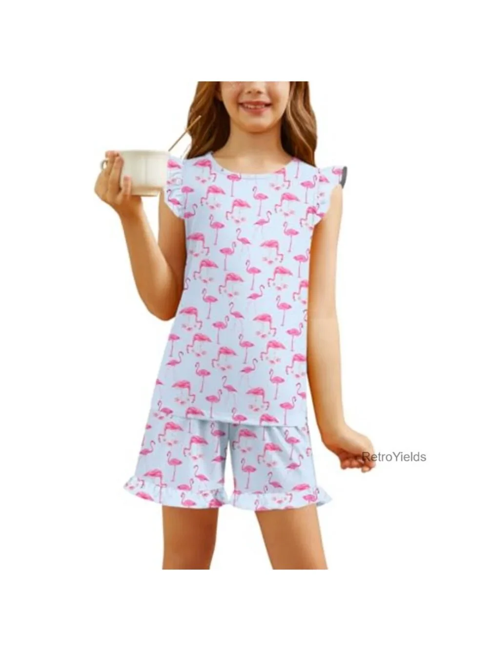 Girls Cotton Pajama Set 2 Piece Ruffle Sleeve Shorts Sleepwear